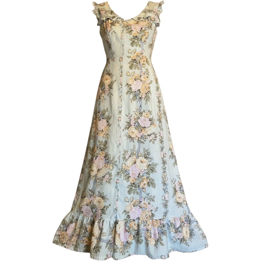 Elizabeth Blair Floral Maxi Dress Blue Lace Trim Ruffle V-Neck Button Front L